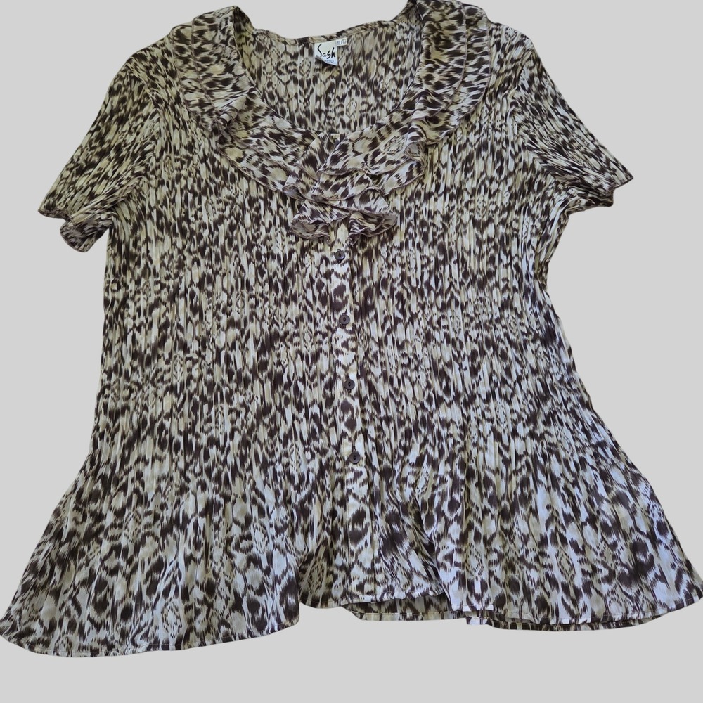 Sash Authentico Femminile Animal Print Pleated Ruffle Blouse Brown XL Plissé